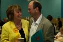 Dorothy Thornhill with her husband Councillor Iain Sharpe at the count