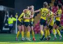 Chiara Meola is mobbed after scoring Watford's goal. Picture: Andrew Waller