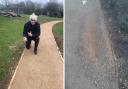 Left: Graham Reece is holding some of the material from the footpath, which he says is 'soft'. Right: He claims there is a tyre mark in the footpath.