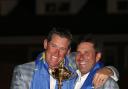 Jose Maria Olazabal and Lee Westwood celebrate Europe's 2012 Ryder Cup victory. Picture: Action Images