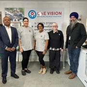 One Vision founder & CEO Enoch Kanagaraj with HR staff Pavan Gill and Parmila Minhas, Food HUB manager Nirmala Singhvi MBE and Chair of Trustees Harjit Singh DL.