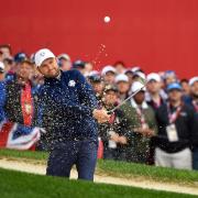 Andy Sullivan chips out of a bunker at Hazeltine during the Ryder Cup. Picture: Action Images