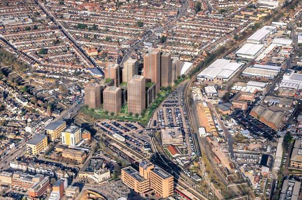 A birds eye view of the Berkeley Homes scheme for around 1,200 homes on the Range site, including a 28-storey tower.