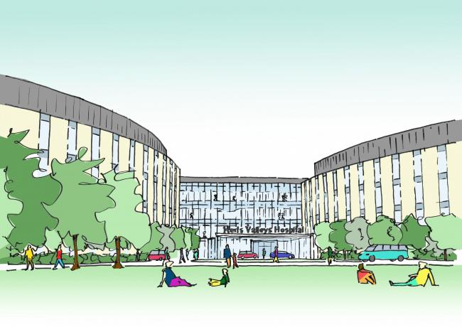 A hosptial design put forward to go on land near Chiswell Green by Herts Valleys Hospital