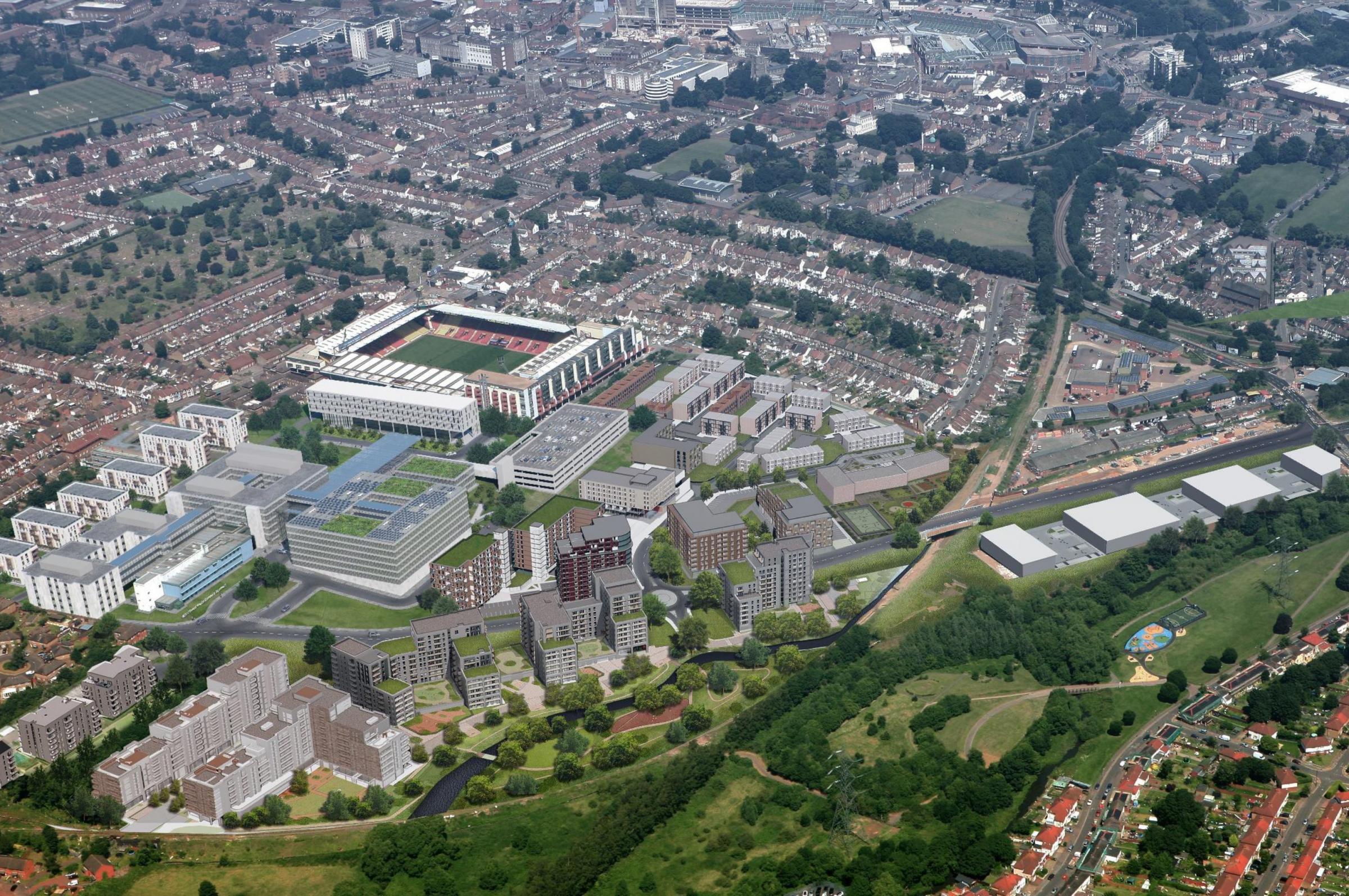 Aerial CGI view of a redeveloped Watford General alongside the Riverwell development, which is around 1,000 homes