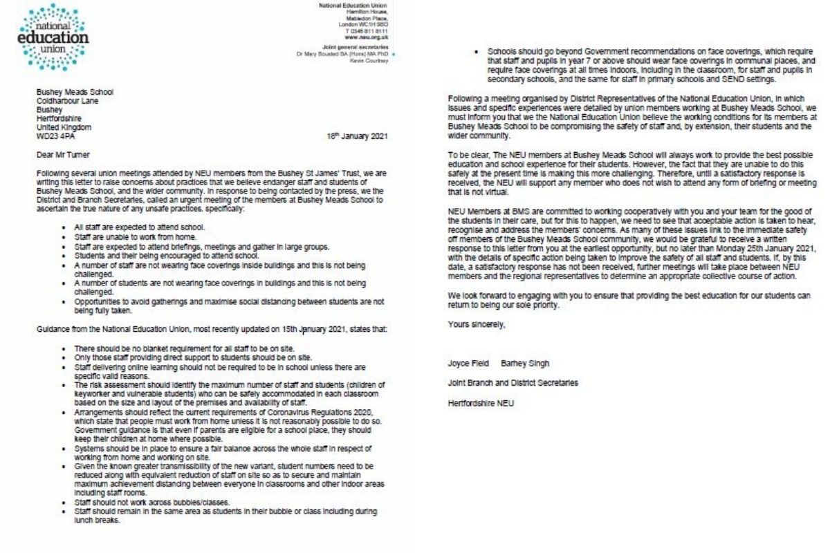 A copy of the letter sent by the National Education Union to Bushey St James Trust executive principal Jeremy Turner. Credit: Supplied