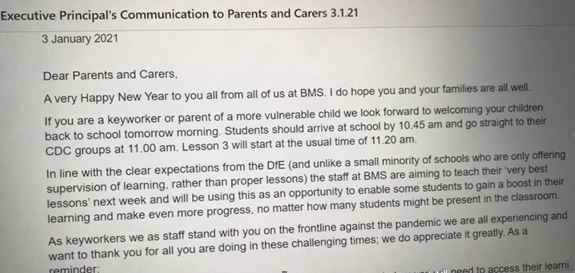 An extract of an email sent home to parents by Jeremy Turner at the beginning of January