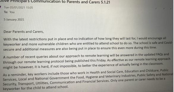 Another email sent home to parents by Mr Turner in early January