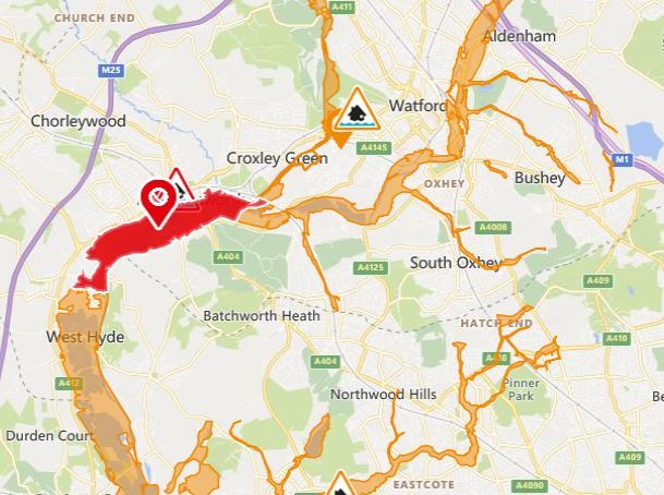 A flood warning, in red, is in place along the River Colne. Credit: Environment Agency