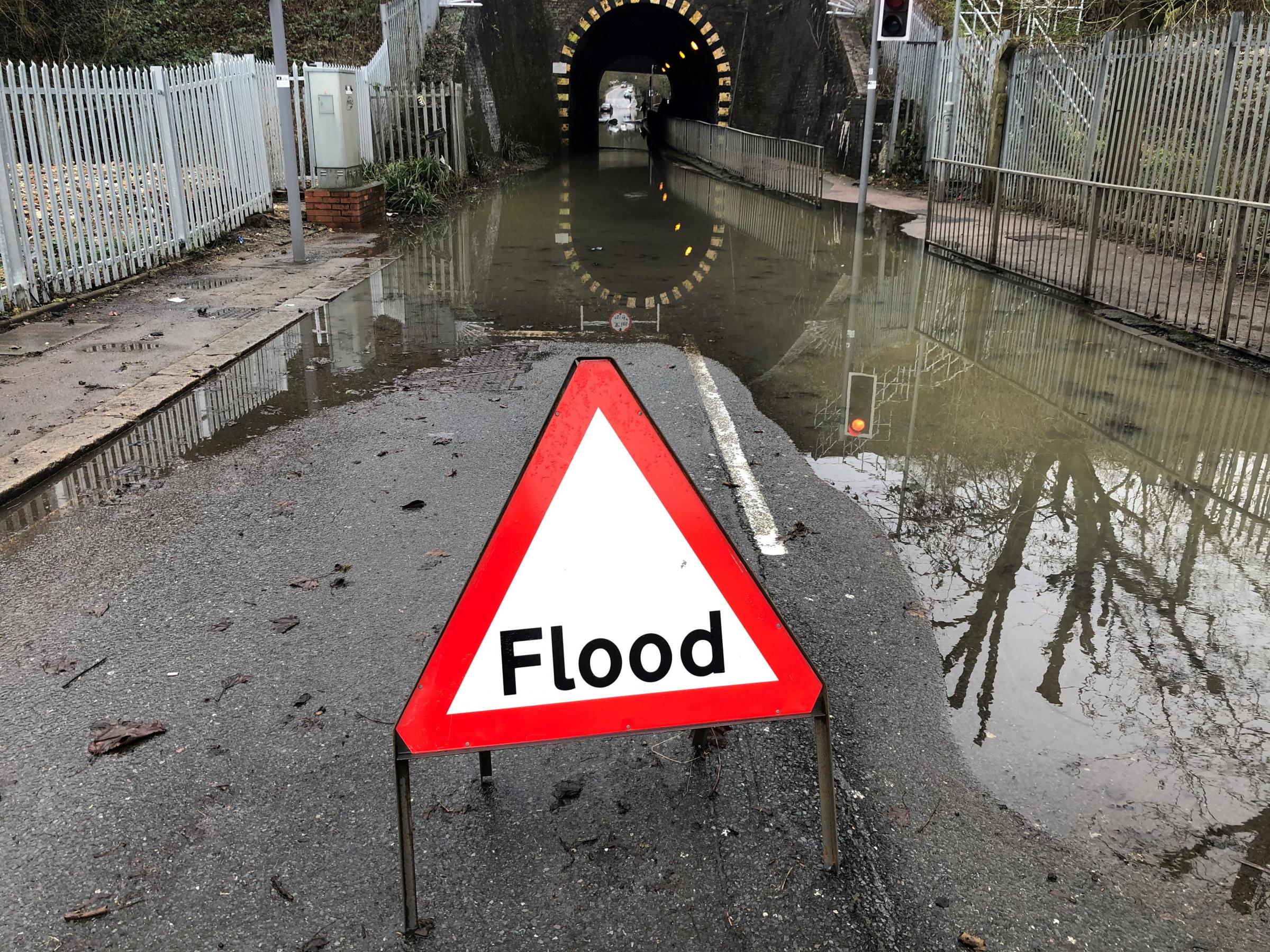 Water Lane pictured on Monday afternoon with most of the flooding now contained to within the tunnel. Credit: Cllr Stephen Giles-Medhurst