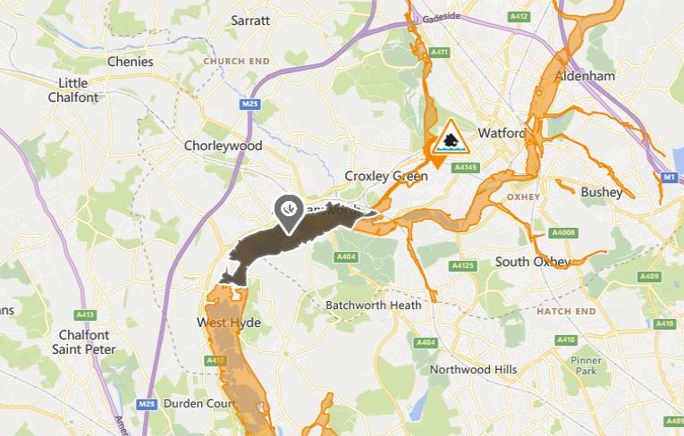 This map from the Environment Agency shows where the flood warning is no longer in place and a flood alert is live near Watford