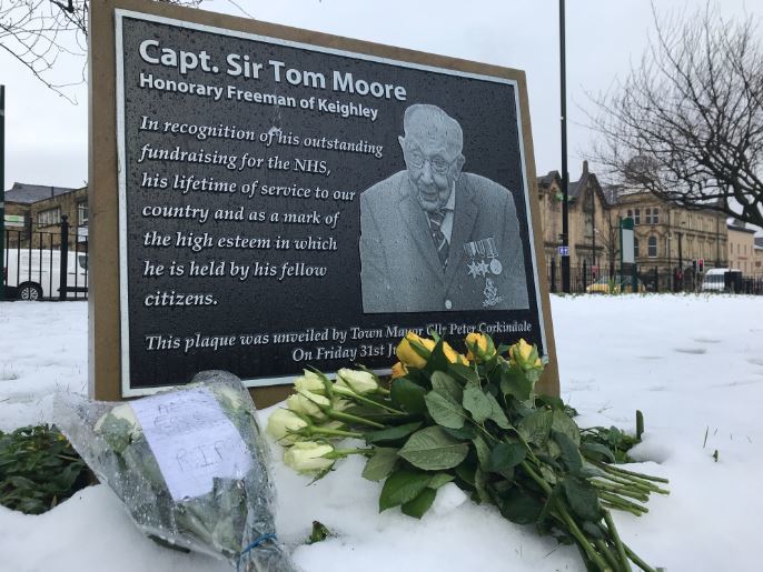 A tribute to Sir Tom in his birthplace Keighley in Yorkshire. Credit: PA