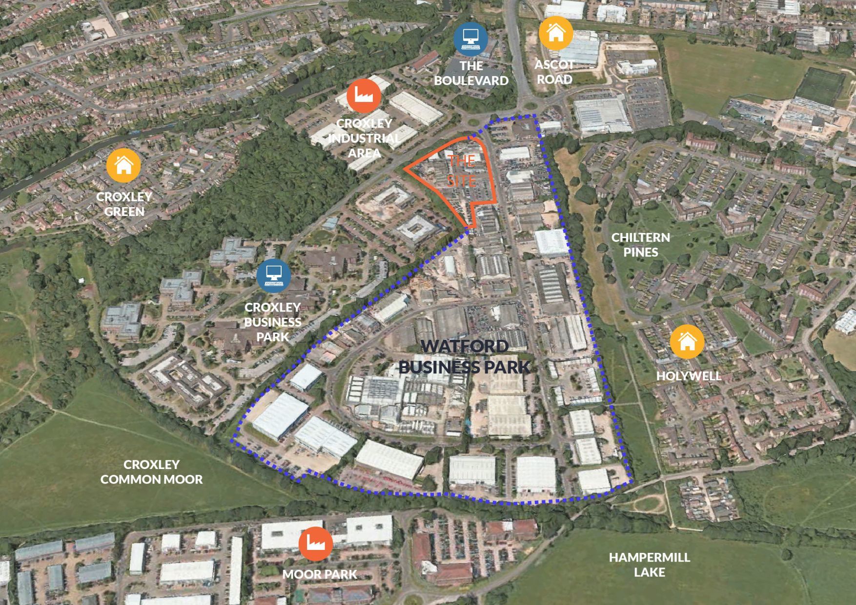 An aerial view of this area of Watford. Outlined in red is the specific site to be redeveloped on Watford Business Park this year. Credit: Watford Borough Council