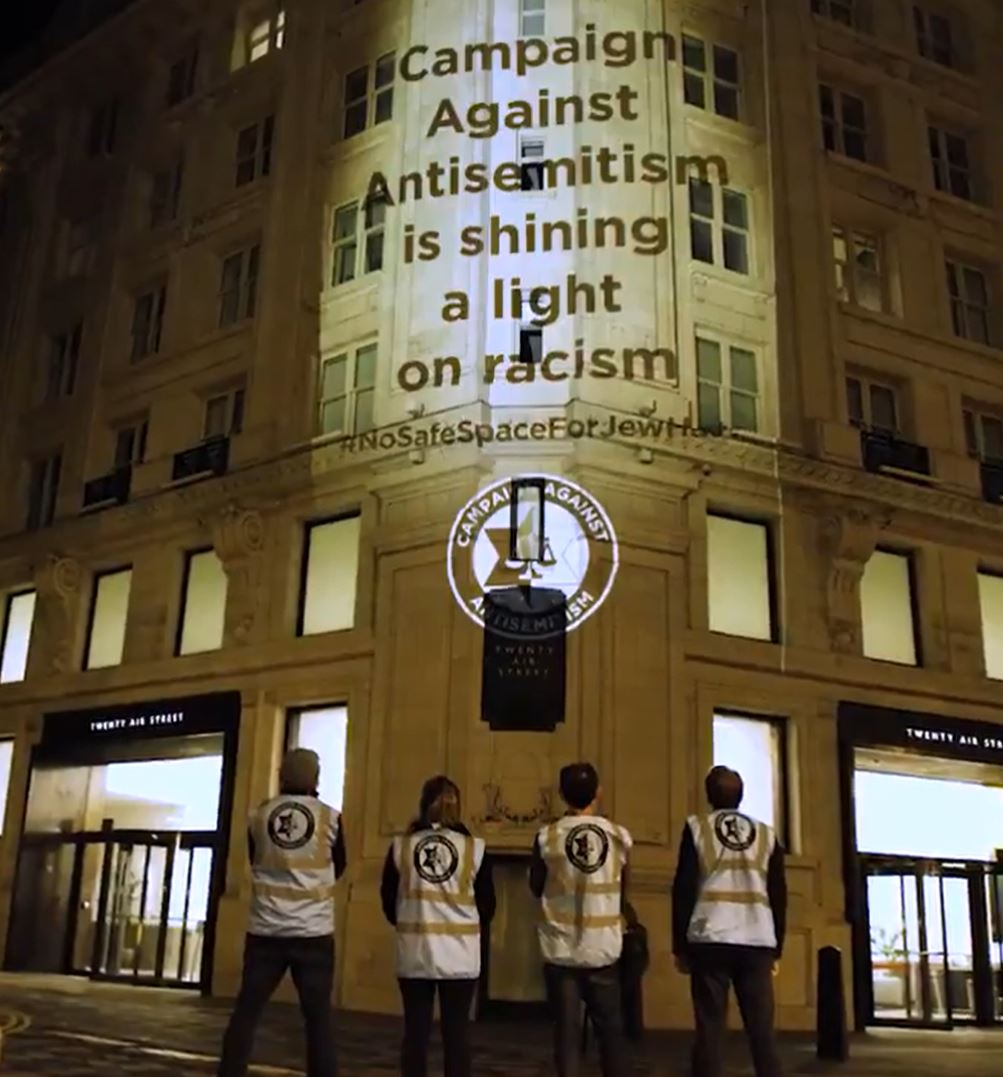 Screengrab from a video posted by Campaign Against Antisemitism as the protested outside the Twitters London office before the social media company suspended the account of Grime artist Wiley