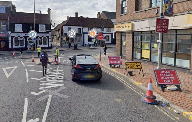 The street view image from September 2020 shows the signs in place to warn drivers there is restricted access right onto the High Street towards King Street
