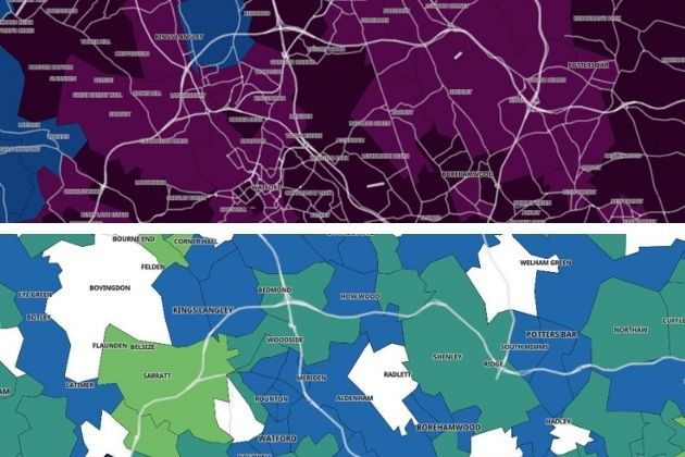 The top map was a snapshot of the Watford area over Christmas and actually got even more purple. The darker the colour, the higher the rates. The map below is a snapshot of the same area for mid-February.