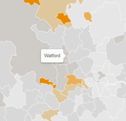 Watford has a 17 per cent chance of having an infection rate of 50 cases per 100,000 people or more by March 13. Photo: Imperial College London