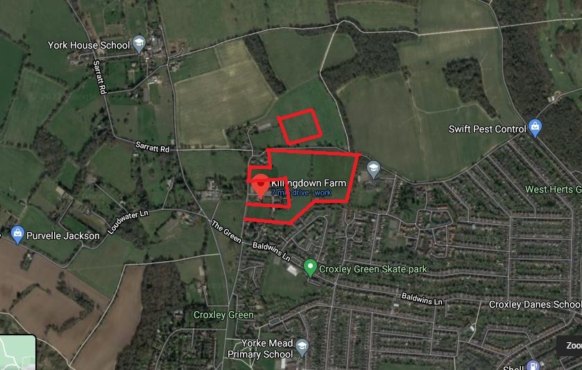 A map of the Killingdown Farm development site in Croxley Green. Credit: Google Maps