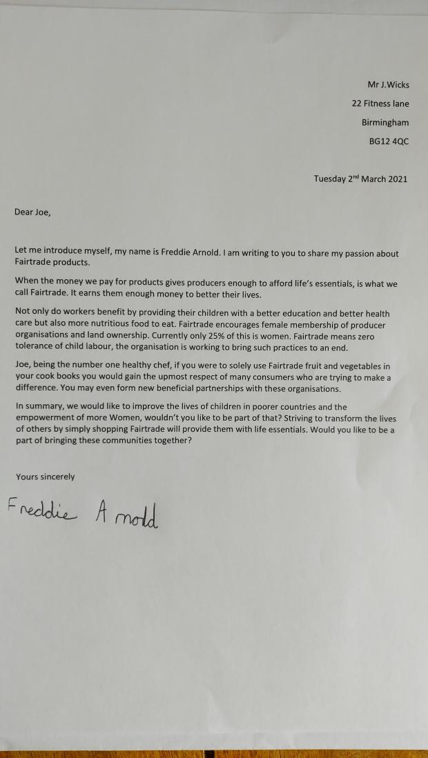 Watford Observer: The letter sent to Joe Wicks