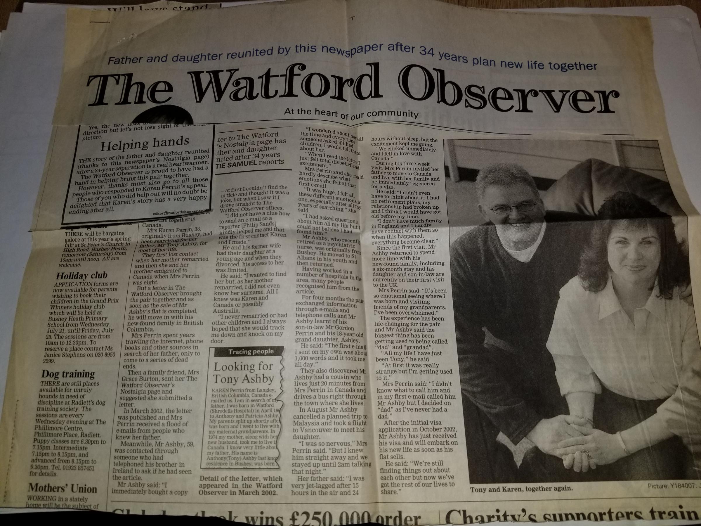 A cutting of the interview Karen and Tony did with the Watford Observer in 2004 shortly before he moved to Canada