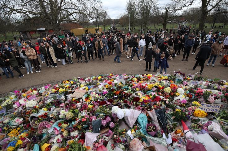 A sea of flowers in Clapham Common in memory of Sarah Everard. Credit: PA