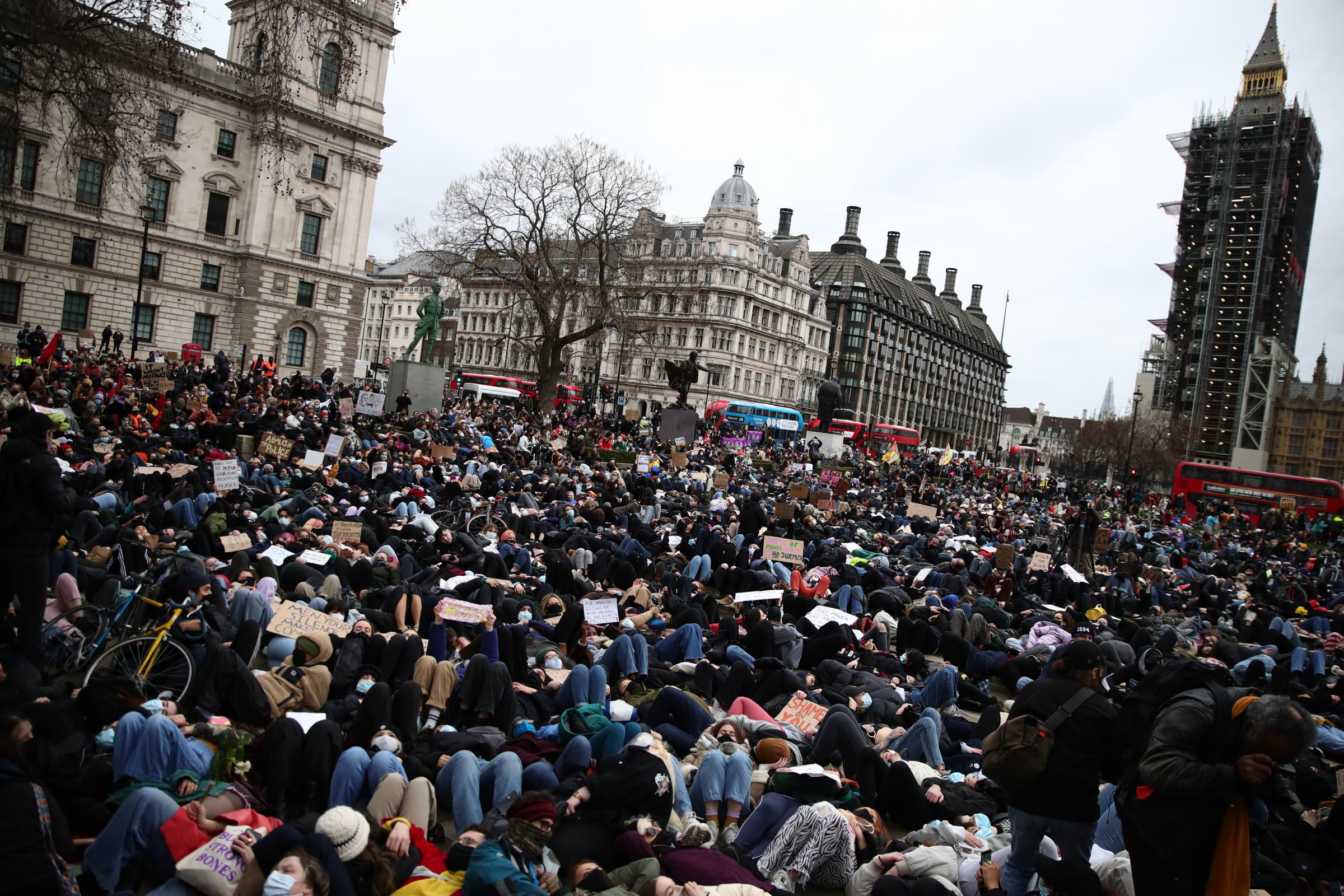 Crowds in Parliament Square today with more crowds outside New Scotland Yard, the Mets HQ. Credit: PA