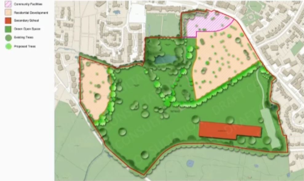 This proposed masterplan was shown to the public last night. The red marks the secondary school and beige earmarked for housing. Pink in the top right would be community facilities, with the rest of the site left open as green space. Credit: Hertsmere