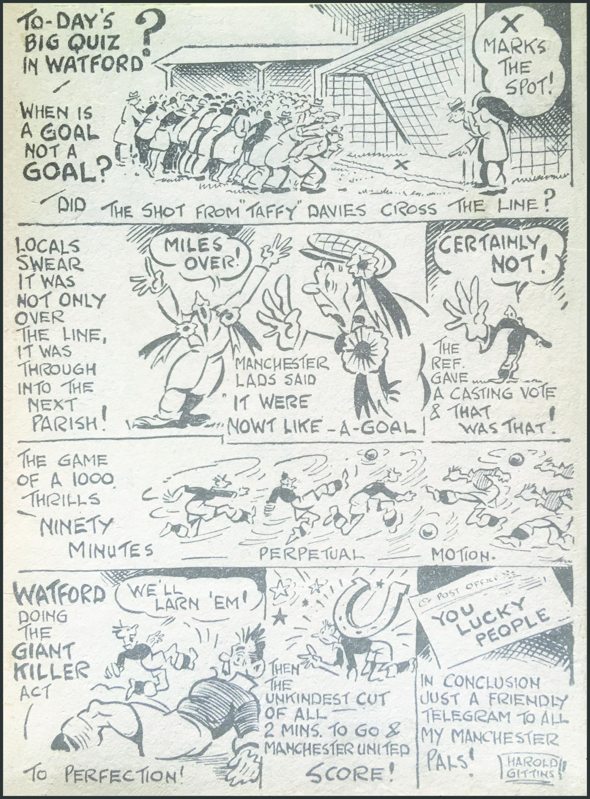 The Watford Observer published a cartoon reflecting on Taffy Davies goal that was disallowed