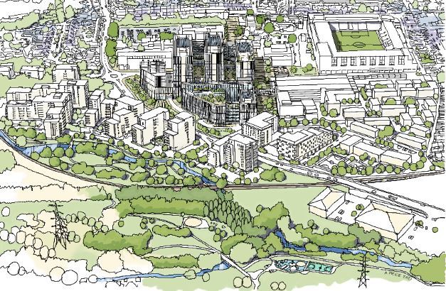 The darker grey shows where and how the new hospital could look. Designs are not final. Credit: BDP