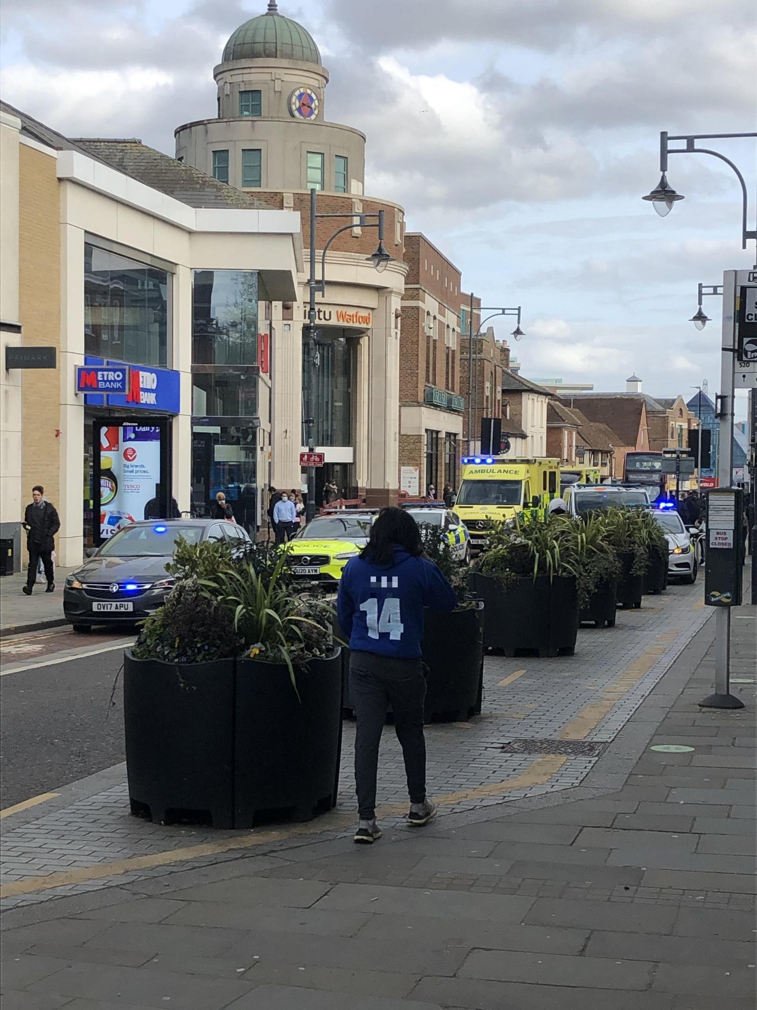 Emergency presence in town centre looking towards one of the entrances to Atria Watford shopping centre. Credit: Ashley Hazelwood