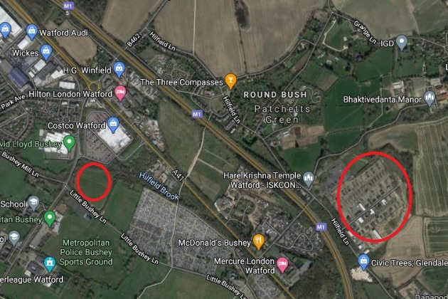 The left circle is the proposed site in Little Bushey Lane and circled right is the Elstree substation. Credit: Google Maps