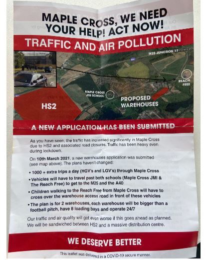 This leaflet created by the Maple Cross and West Hyde Residents Association is being distributed to homes