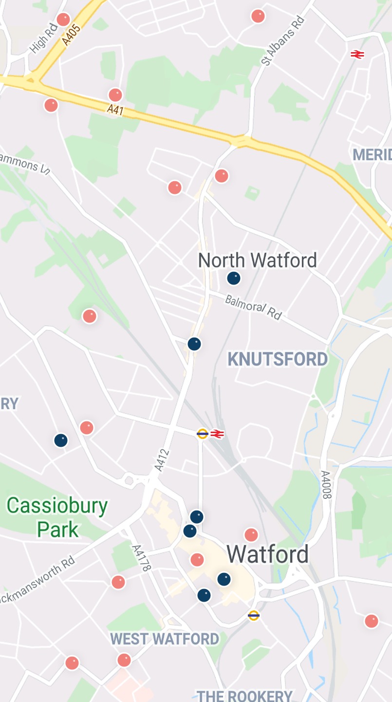 Watfords town centre has experienced a spate of reported knife crimes, shown by the blue dots, in recent weeks. Photo: Walksafe