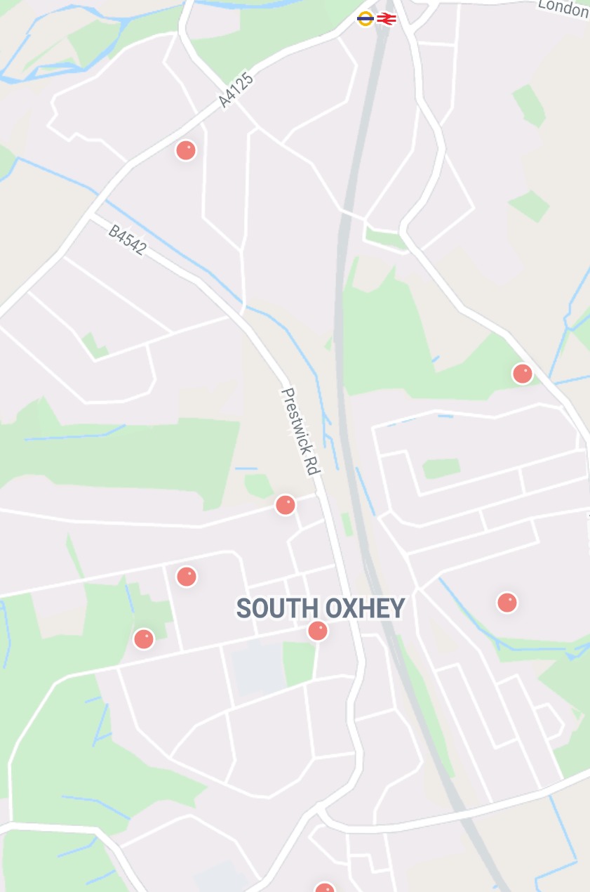 A concentration of red dots in South Oxhey illustrates numerous violent and sexual crimes. Photo: Walksafe
