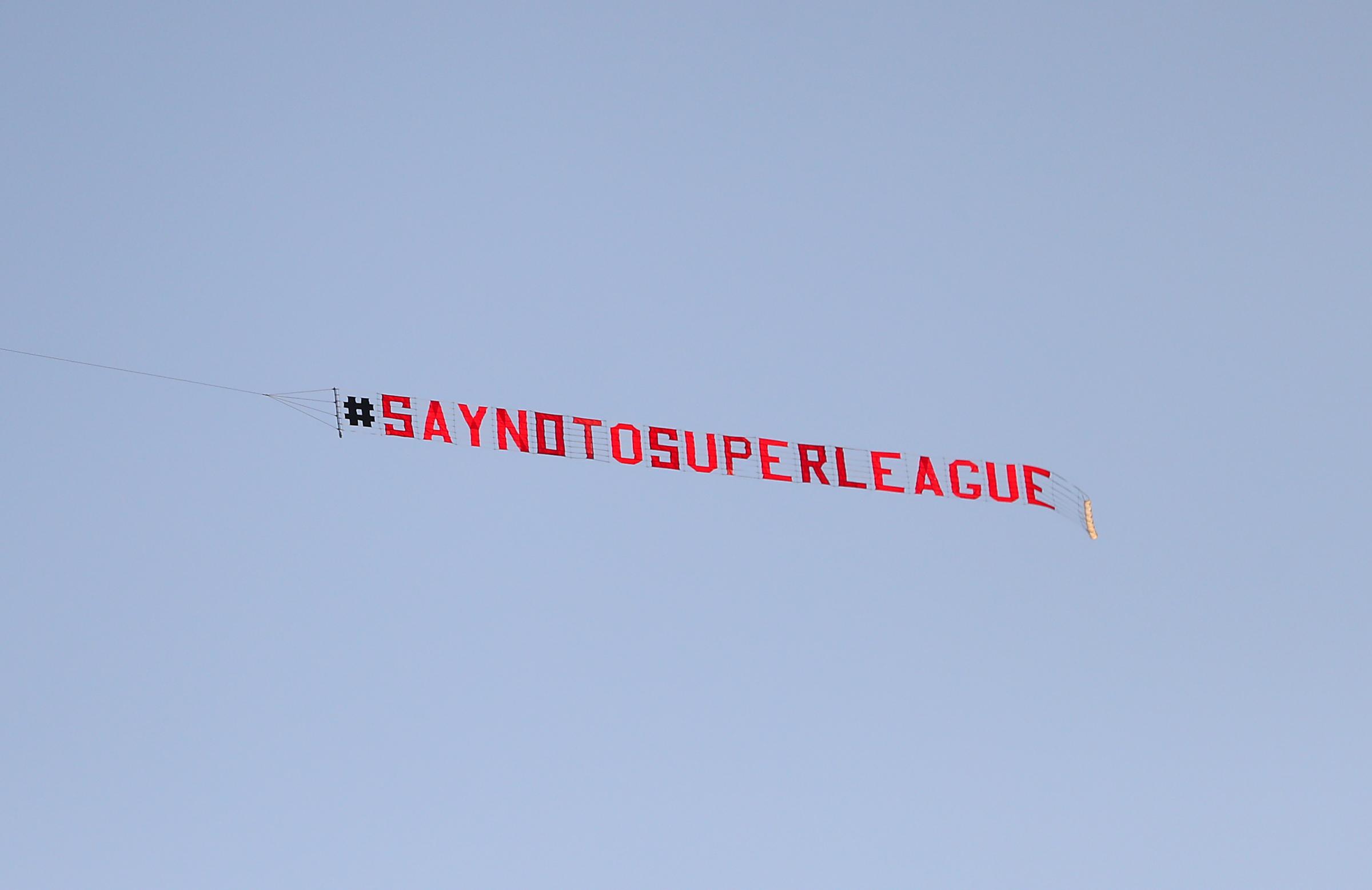 A plane with Say No To Super League is flown over Elland Road during last nights match between Leeds and Liverpool. Credit: PA