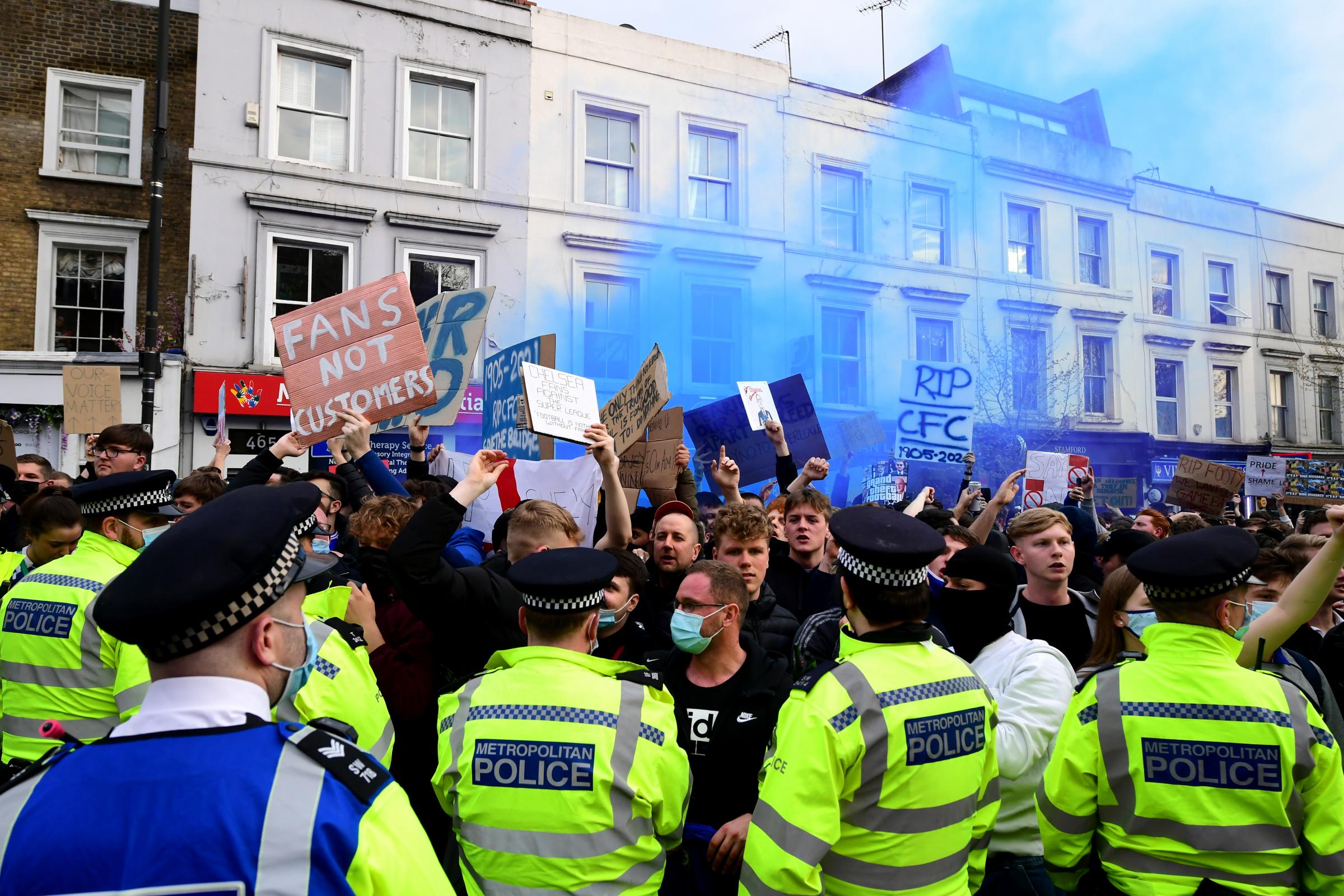 There was a lack of social distancing as protests took place outside Stamford Bridge. Credit: PA