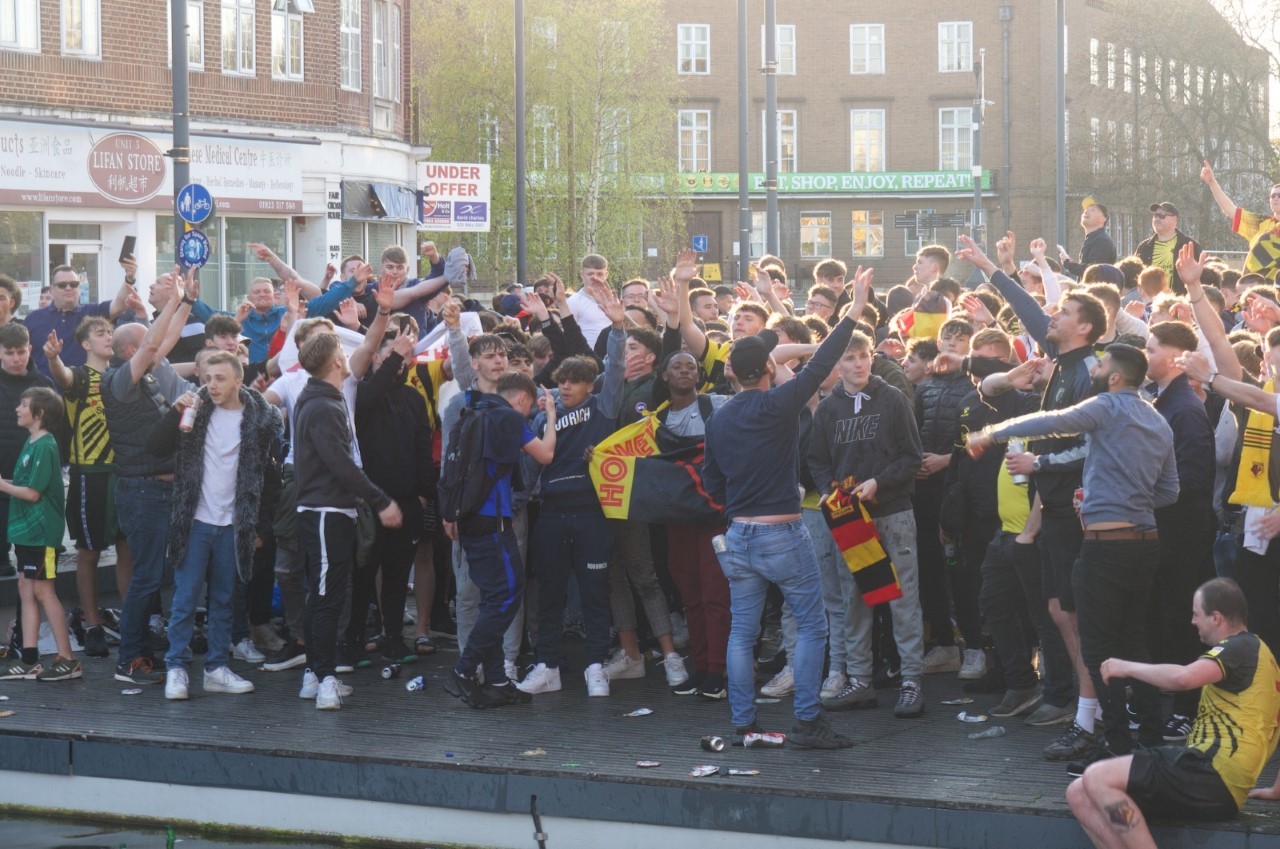 Watford fans were celebrated promotion in the town centre yesterday. Photo: Ryan Gray