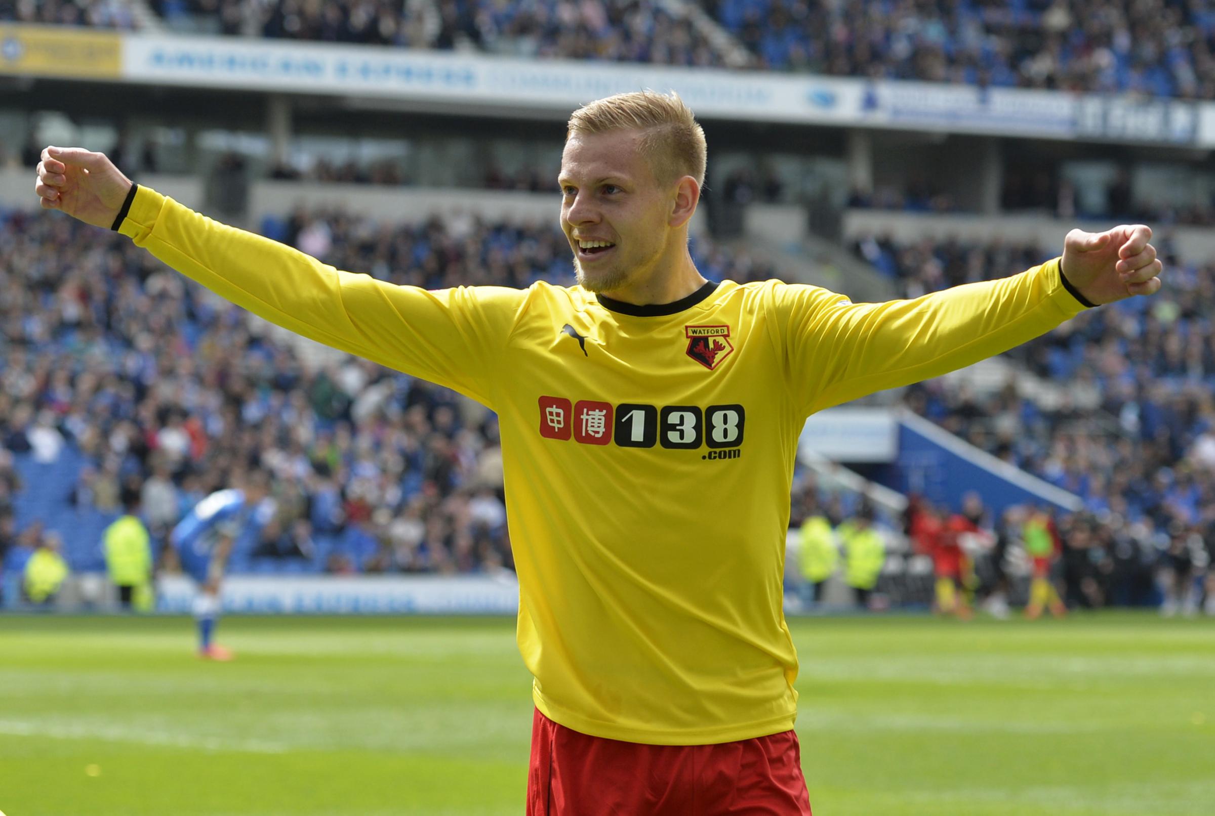 Matej Vydra celebrates scoring the Hornets second goal. Picture: Action Images