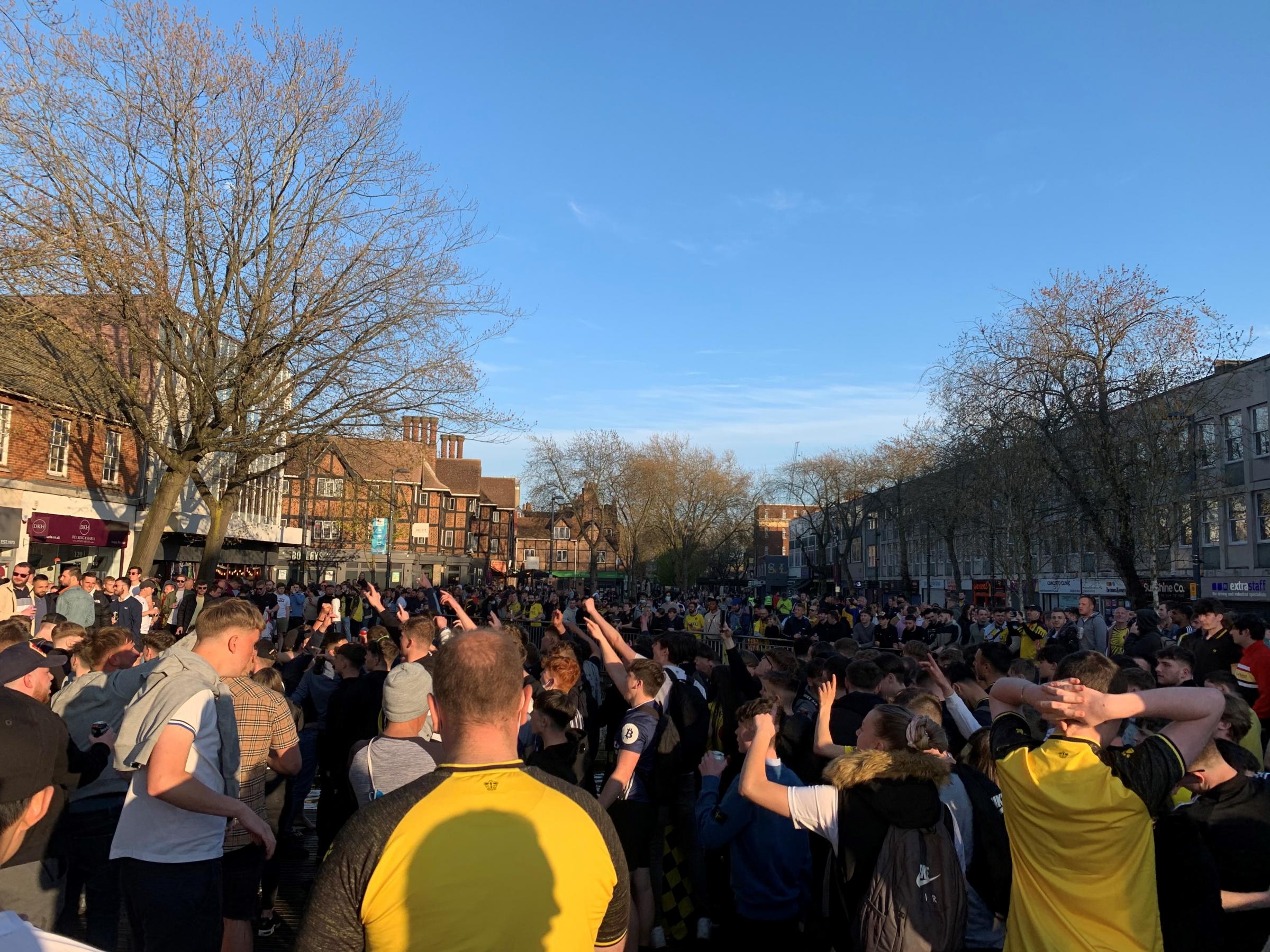 Scenes in The Parade in Watford town centre last weekend after Watford secured promotion back to the Premier League