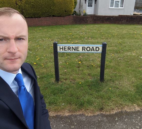 Cllr Harry Mortimer pictured at the junction of Herne Road and Melbourne Road, just opposite to where an 18 metre 5G mast is proposed