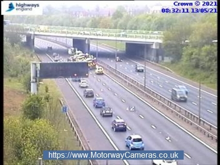 Emergency services can be seen on the M1 near Watford this morning. Two lanes were closed. Credit: Highways England
