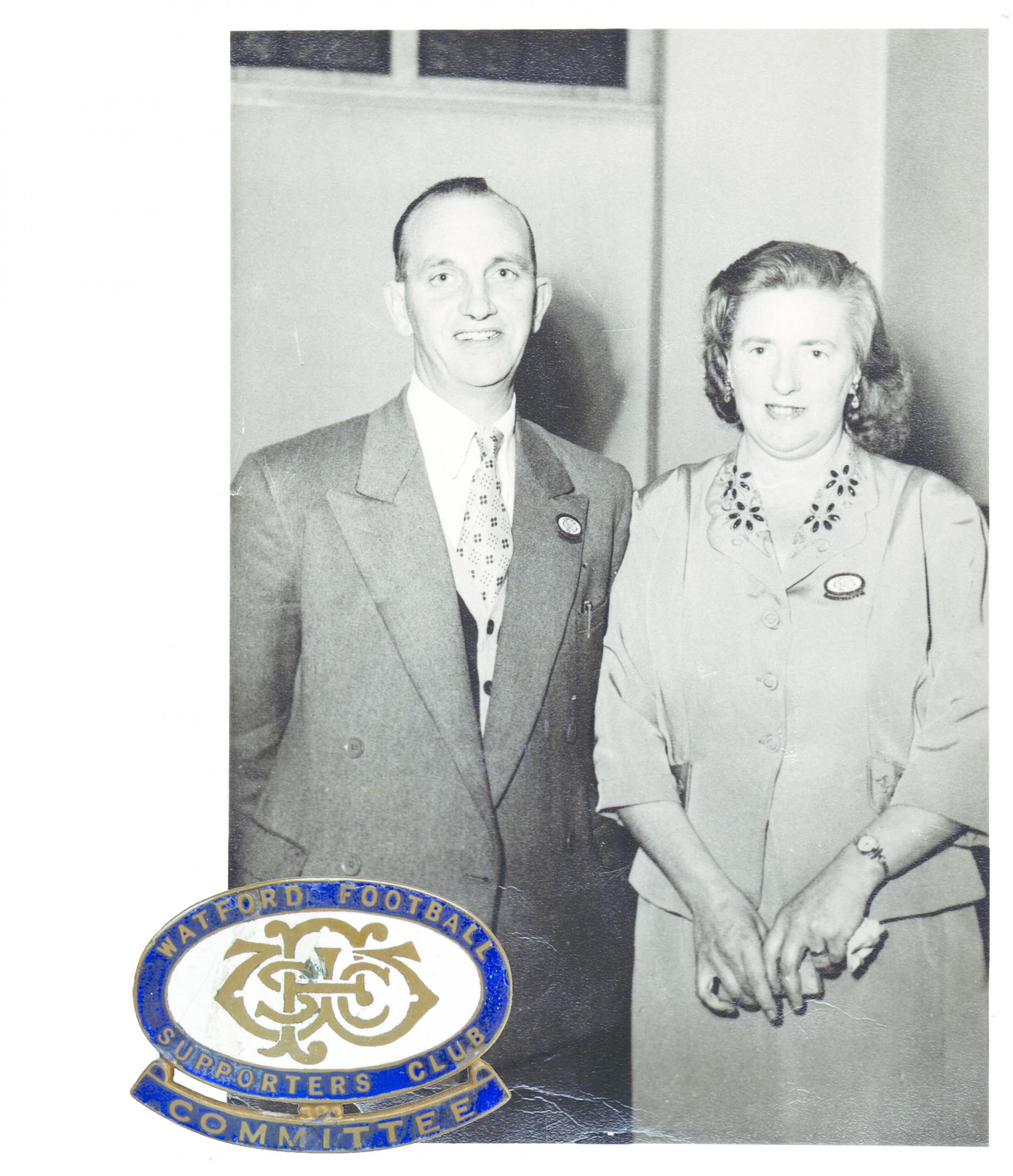 Ron and Violet Tomlin, secretary and assistant secretary, of the Watford Football Supporters Club shown wearing their committe badges. Picture courtesy Denise Gaskin