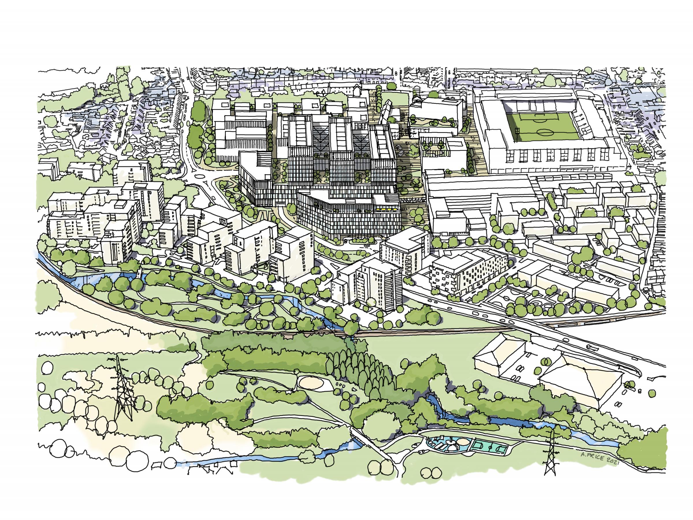This illustration shows the three new buildings that would be constructed. Credit: West Hertfordshire Hospitals NHS Trust