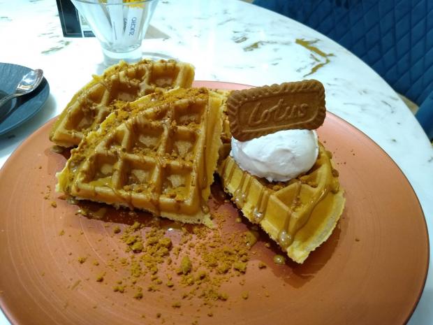 Watford Observer: American waffles with warm melted Biscoff spread, crumbs and Madagascan vanilla gelato.