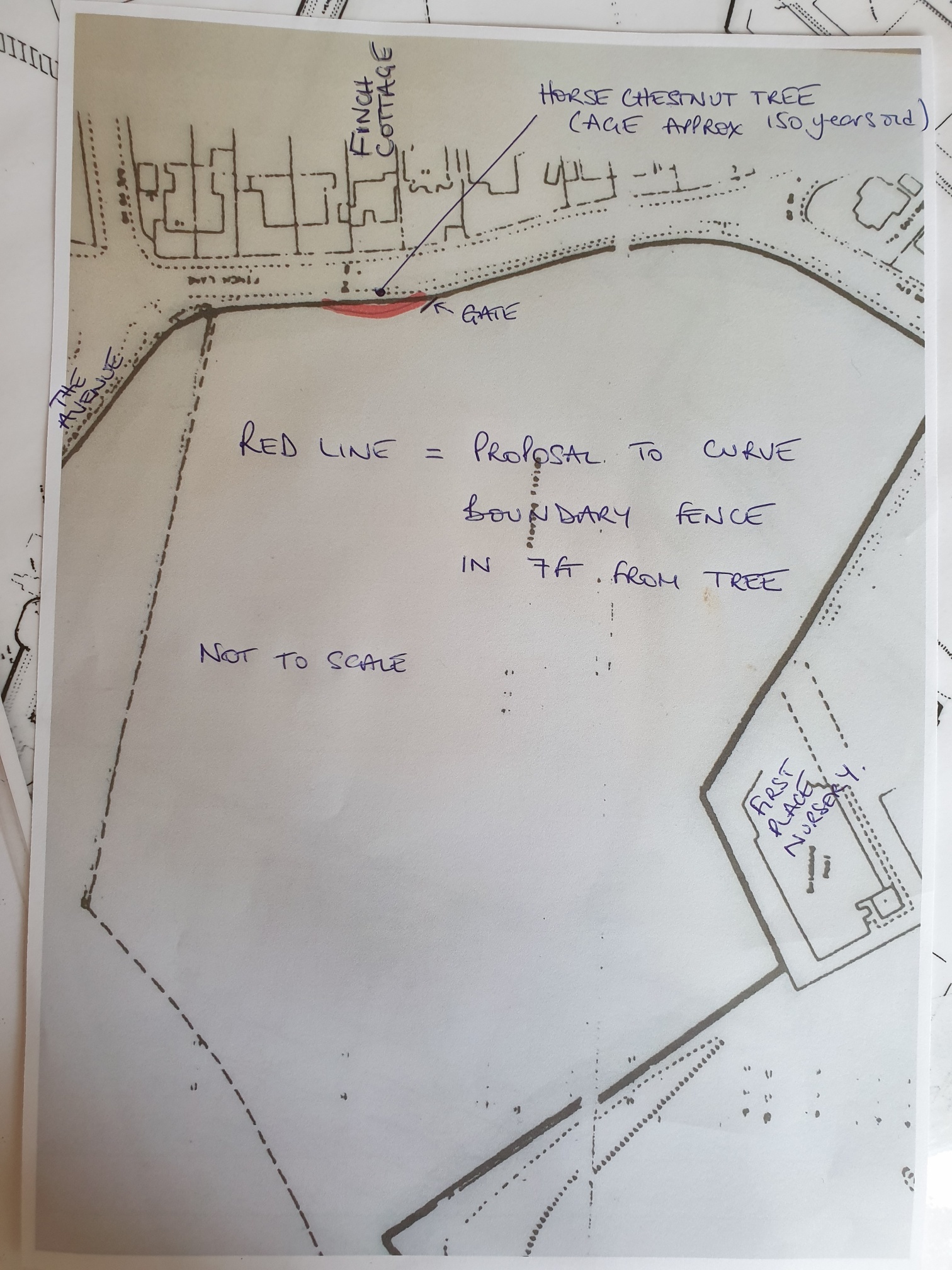 This drawing shows in red where the fence line could be curved to create new space for pedestrians. Credit: Cllr Laurence Brass