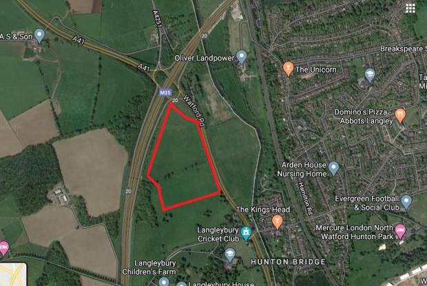Watford Observer: Marked in red is roughly the land Moto proposed to build the service station. Credit: Google Maps