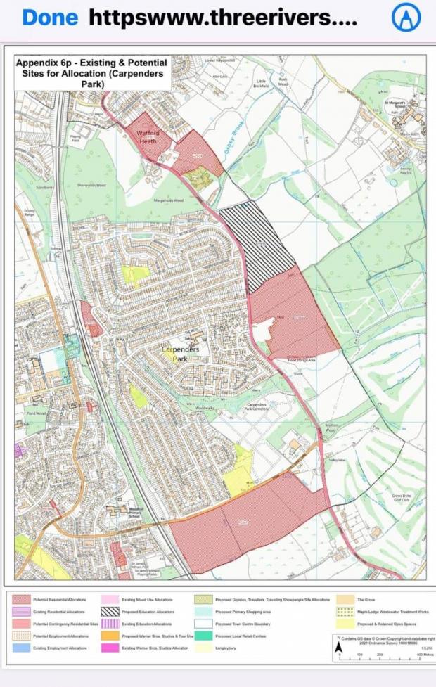 Watford Observer: The sites highlighted in pink are under threat from development in Three Rivers District Council's local plan
