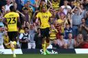 Joao Pedro celebrates scoring Watford's second goal but the afternoon was to end in disappointment for the Hornets. Picture: PA