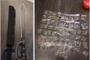 Machetes and a cannabis stash worth more than £20,000 were found in the raid.