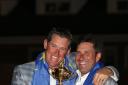 Jose Maria Olazabal and Lee Westwood celebrate Europe's 2012 Ryder Cup victory. Picture: Action Images